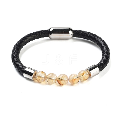 Natural Citrine Round Bead Braided Leather Cord Bracelets for Men Women BJEW-A009-11P-02-1