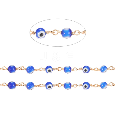 3.28 Feet Handmade Evil Eye Lampwork Round Beaded Chains X-CHC-G009-B-G05-1