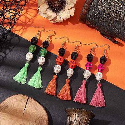 3 Pairs 3 Colors Halloween Skull Synthetic Dyed Turquoise Dangle Earrings EJEW-JE05883-1