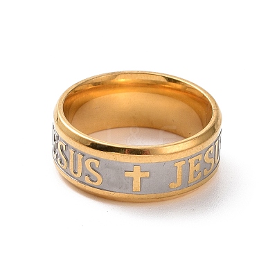 Cross & Word Jesus Pattern 201 Stainless Steel Finger Ring for Women RJEW-I089-33GP-1