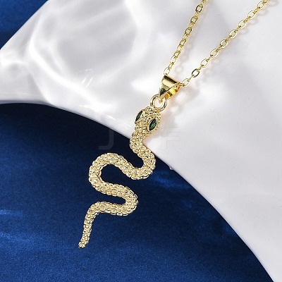 Brass Micro Pave Green Cubic Zirconia Snake Pendant Necklaces NJEW-S438-02E-G-1