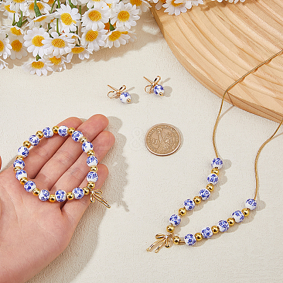 Flower Printed Porcelain Bead with Brass Bowknot Dangle Stud Earrings & Charm Bracelet & Pendant Necklaces Sets SJEW-DC00004-1