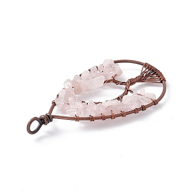 Teardrop Natural Rose Quartz Copper Wire Wrapped Chip Big Pendants G-E195-11R-01-1