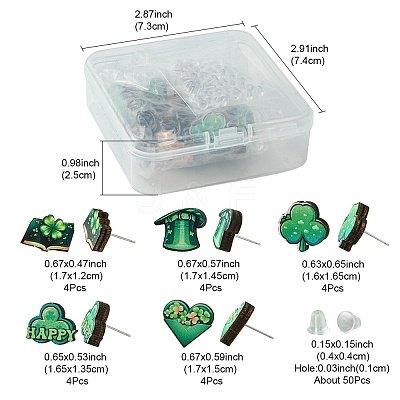 20Pcs 5 Style Saint Patrick's Day Green Wood Stud Earrings EJEW-FS0001-11-1