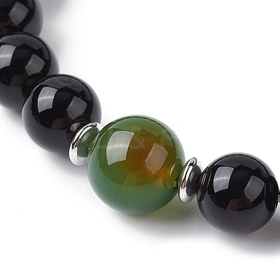 Natural Dyed Peacock Agate & Black Onyx Round Beaded Stretch Bracelets BJEW-TA00408-1