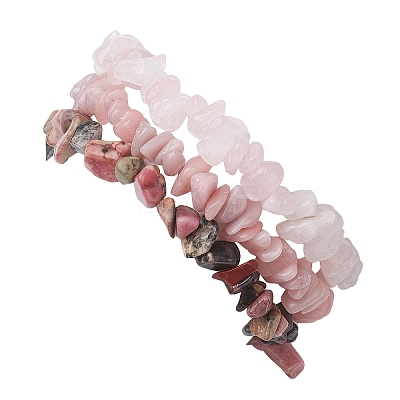 3Pcs Natural Rose Quartz & Natural Rhodonite & Natural Pink Opal Chip Beaded Stretch Bracelet Sets BJEW-JB10858-1