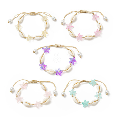 Natural Cowrie Shell & Glass Starfish Braided Bead Bracelet for Women BJEW-JB09943-1