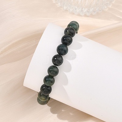 Round Natural Moss Agate Beaded Stretch Bracelets for Women BJEW-JB14073-1