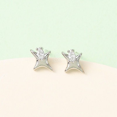 Brass Micro Pave Clear Cubic Zirconia Star Stud Earrings EJEW-L278-02P-1
