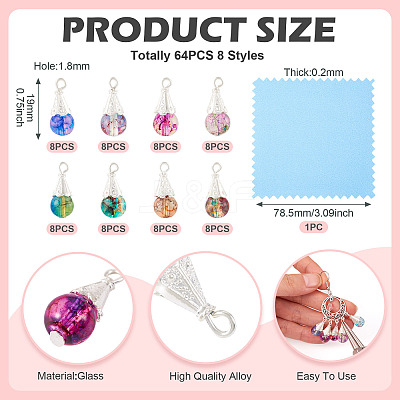 64Pcs 8 Styles Glass & Alloy Pendants PALLOY-TA00177-1