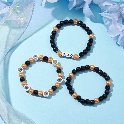 3Pcs 3 Styles Halloween Themed 8mm Round Glass Pearl Beaded Stretch Bracelet Sets BJEW-JB10849-1