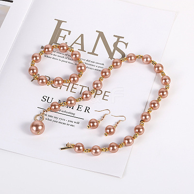 Plastic Imitation Pearl Round Beaded Pendant Necklaces & Dangle Earrings & Bracelets Sets for Women WG180C3-01-1