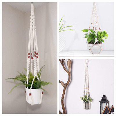 2Pcs Handmade Macrame Polyester with Wood Bead Plant Hanger AJEW-HS0001-47A-1