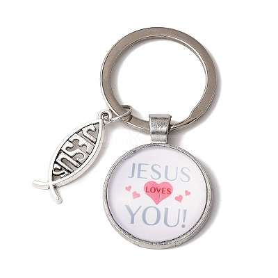 I Love Jesus Symbol Glass Pendant Keychain with Alloy Jesus Fish Charm LS-KEYC-G058-01B-1