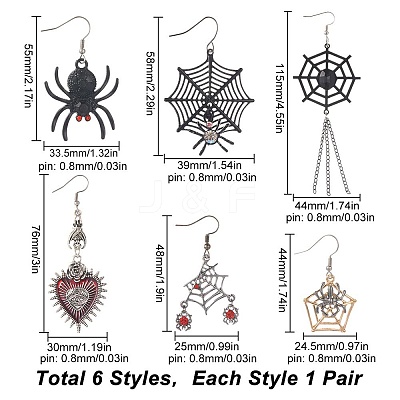 6 Pairs 6 Styles Halloween Spider Web & Heart with Evil Eye Alloy Enamel Dangle Earrings for Women EJEW-SC0001-37-1
