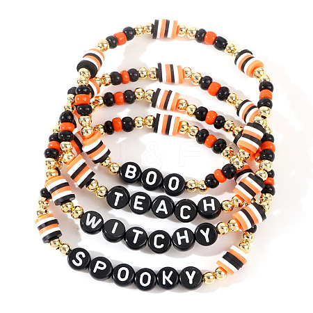 4Pcs 4 Styles Adjustable Halloween Punk Style Polymer Clay & Brass Stretch Beaded Bracelet Sets in Black XD4553-5-1