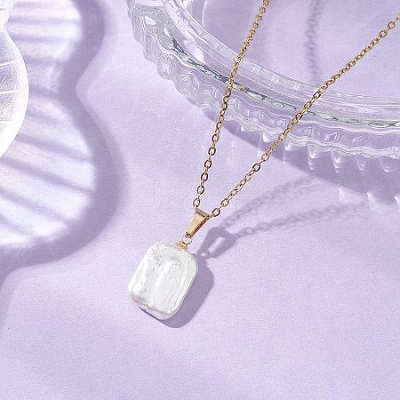 Natural Baroque Pearl Keshi Pearl Rectangle Pendant 304 Stainless Steel Cable Chain Necklaces NJEW-JN05891-1
