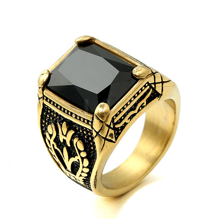 316L Stainless Steel & Cubic Zirconia Men's Vintage Carved Finger Rings FS-WG82D33-47-1