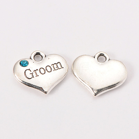 Wedding Theme Antique Silver Tone Tibetan Style Alloy Heart with Groom Rhinestone Charms X-TIBEP-N005-20D-1