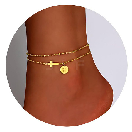 Brass Sideways Cross Link Anklets with Flat Round Initial Charms FS-WG12DAA-12-1