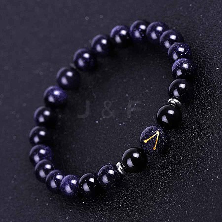 Sagittarius Round Synthetic Blue Goldstone & Natural Black Onyx(Dyed & Heated) Stretch Bracelets for Women Men EA3132-10-1