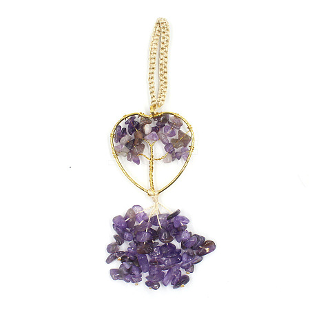 Heart with Tree of Life Metal & Natural Amethyst Chip Pendant Decorations PW-WG80265-01-1