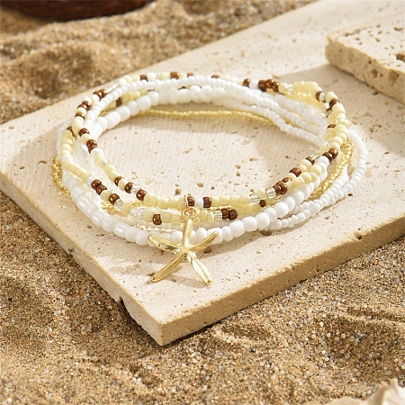 Multilayer Glass Seed Beads Starfish Pendant Anklet for Women PW-WG7288D-06-1