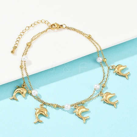 304 Stainless Steel with Acrylic Bead Double Layer Dolphin Charm Anklets for Women AJEW-G069-01G-1