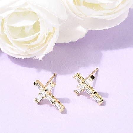 Cross Brass Micro Pave Clear Cubic Zirconia Stud Earrings EJEW-C186-18G-02-1