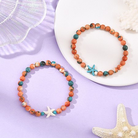 2Pcs 2 Colors Summer Beach Round Synthetic Ocean White Jade & Starfish Dyed Turquoise Beaded Stretch Bracelet Sets BJEW-JB14185-1