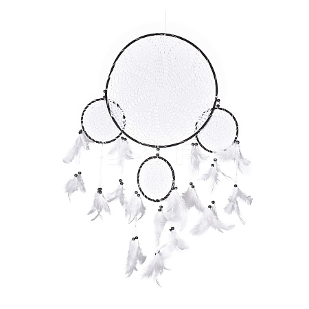 Handmade Round Cotton Woven Net/Web with Feather Wall Hanging Decoration HJEW-G015-06B-1