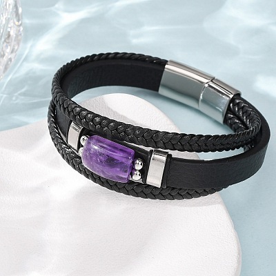 Natural Amethyst & Braided Microfiber Leather Multi-strand Bracelets for Women Men GG-CBAEA55-01C-1