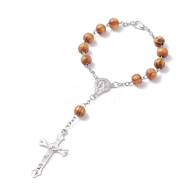Religious Prayer Pine Wood Beaded Rosary Bracelet BJEW-O140-02P-1