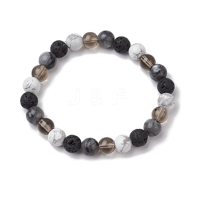 8.5mm Round Natural Larvikite & Howlite & Synthetic Smoky Quartz & Natural Lava Rock Bead Stretch Bracelets for Women BJEW-JB10944-03-1
