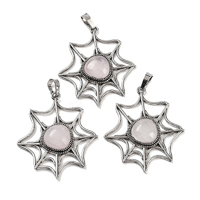 Natural Rose Quartz Spider Web Pendants G-Q163-09AS-06-1