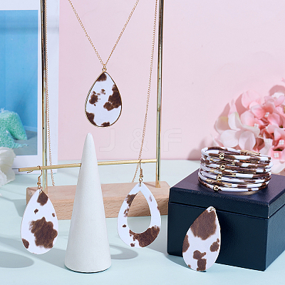 Cow Print Imitation Leather Teardrop Pendant Necklace & Dangle Earrings & Multi-Strand Bracelet JX529J-1