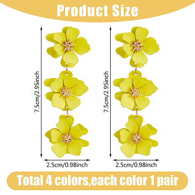 4 Pairs 4 Colors Alloy Flower Dangle Stud Earrings for Women EJEW-FI0002-99-1