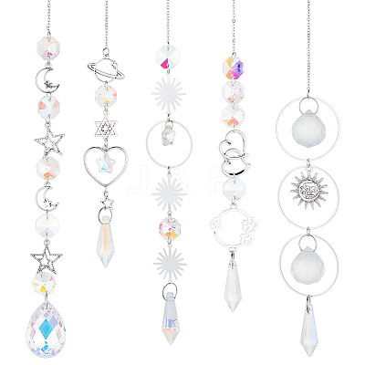 5Pcs 5 Style Clear AB Glass Pendant Decorations HJEW-GA0001-42-1