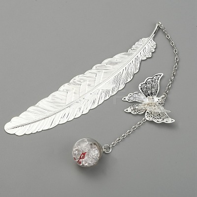 Silver Tone Brass Feather Bookmarks AJEW-WH0020-55S-01-1