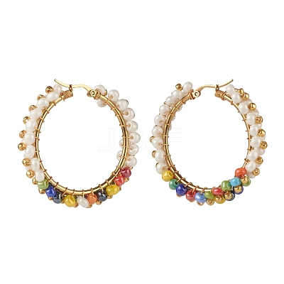 Glass Beads Braided Big Hoop Earrings EJEW-JE04848-05-1