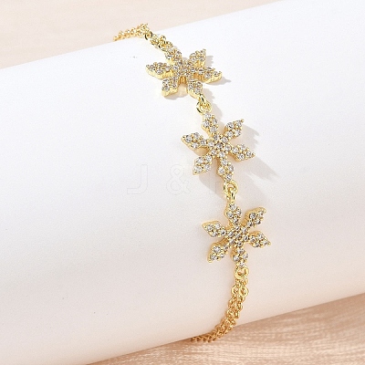Brass Micro Pave Clear Cubic Zirconia Triple Flower Link 2-Strand Bracelets KK-CBA6980-16G-1