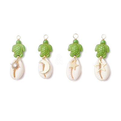 4Pcs 4 Styles Natural Cowrie Shell & Dyed Synthetic Turquoise Turtle Copper Wire Wrapped Pendants PALLOY-JF04035-03-1