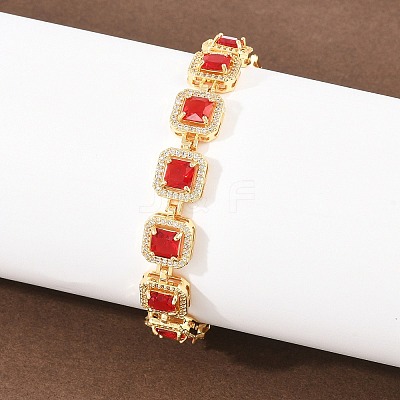 Square Brass Micro Pave Clear Cubic Zirconia and Glass Link Chain Bracelets BJEW-T025-04G-01-1