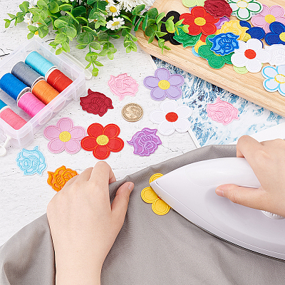 40Pcs 20 Styles Rose Shape & 5-Petal Flower Computerized Embroidery Cloth Iron on/Sew on Patches DIY-AR0003-12-1