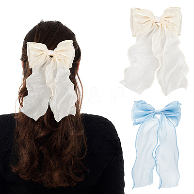 2Pcs 2 Colors Big Bowknot Organza Hair Barrettes AJEW-CP0008-32-1