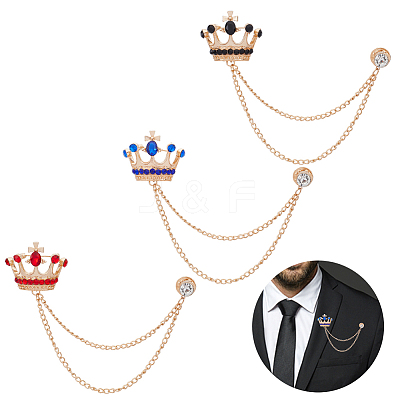 AHADEMAKER 3Pcs 3 Colors Rhinestone Crown with Hanging Safety Chains Brooch JEWB-GA0001-13-1