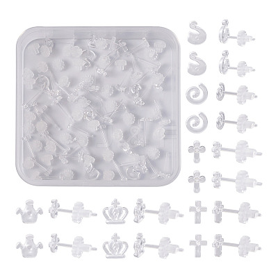 60 Sets 6 Style Crown & Cross & Swan & Vortex Transparent Resin Stud Earrings for Women EJEW-BG0001-02-1
