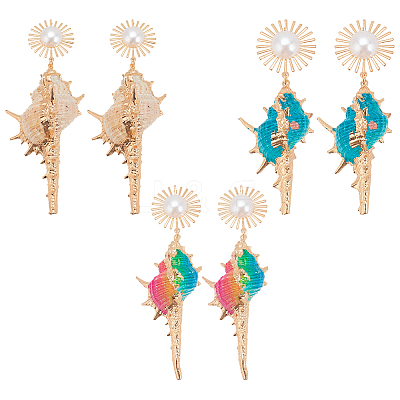 3 Pairs 3 Colors Golden Alloy Sun with Shell Shape Dangle Stud Earrings EJEW-AN0004-40-1