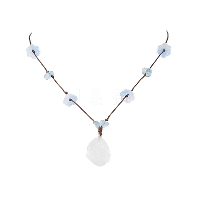 Raw Rough Natural Stone Nuggets Pendant with Handmade Lampwork Flower Adjustable Waxed Polyester Cord Necklaces for Women NJEW-TA00210-03-1
