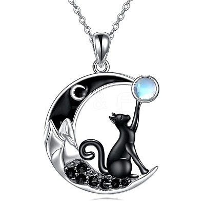 Alloy Jet Rhinestone Enamel Black Moon with Cat Shape Pendant Necklaces for Women WG3CB78-01-1